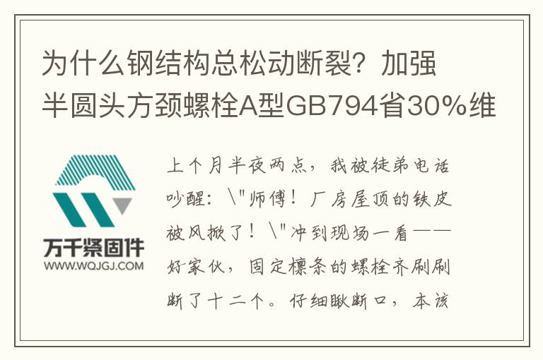 為什么鋼結(jié)構(gòu)總松動斷裂？加強半圓頭方頸螺栓A型GB794省30%維修費
